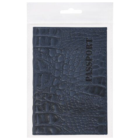 Обложка для паспорта натуральная кожа кайман, &quot;PASSPORT&quot;, темно-синяя, BRAUBERG, 237196