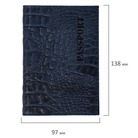 Обложка для паспорта натуральная кожа кайман, &quot;PASSPORT&quot;, темно-синяя, BRAUBERG, 237196