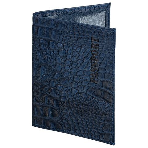Обложка для паспорта натуральная кожа кайман, &quot;PASSPORT&quot;, темно-синяя, BRAUBERG, 237196