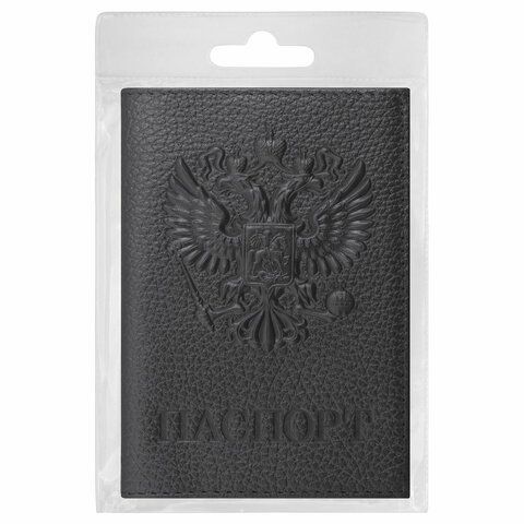 Обложка для паспорта натуральная кожа флоттер, &quot;Герб&quot;, черная, BRAUBERG, 237198