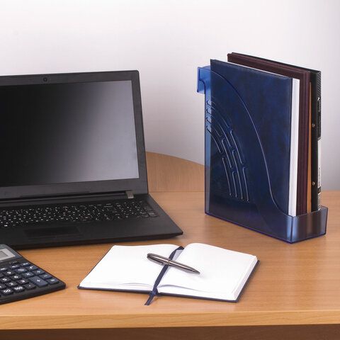 Лоток вертикальный для бумаг BRAUBERG &quot;Office&quot;, 255х95х290 мм, тонированный синий, 237232
