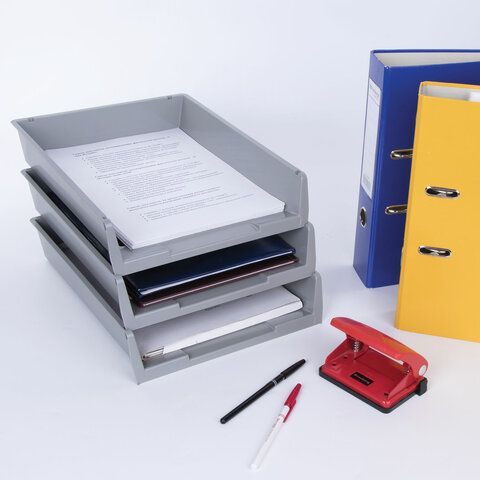 Лотки горизонтальные для бумаг, КОМПЛЕКТ 3 шт., 340х270х70 мм, серый, BRAUBERG &quot;Office&quot;, 237256