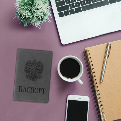 Обложка для паспорта, мягкий полиуретан, &quot;Герб&quot;, светло-серая, STAFF, 237610