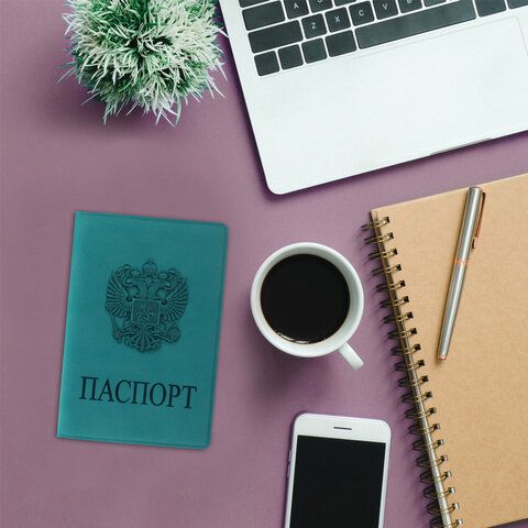 Обложка для паспорта, мягкий полиуретан, &quot;Герб&quot;, темно-бирюзовая, STAFF, 237611