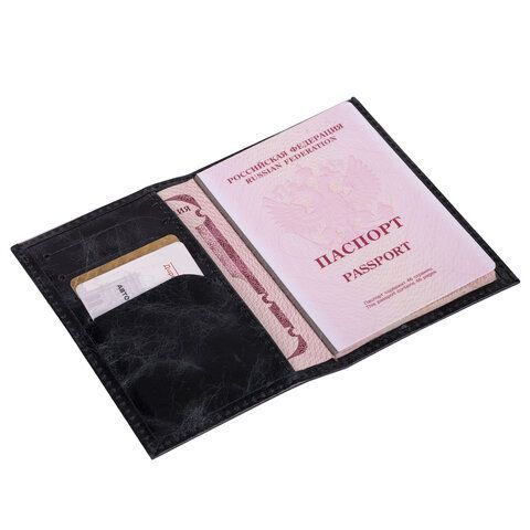 Обложка для паспорта натуральная кожа пулап, &quot;Passport&quot;, кожаные карманы, черная, BRAUBERG, 238198
