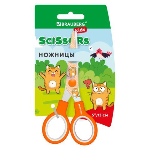 Ножницы 130 мм оранжевые, с цветной печатью &quot;Котики&quot;, закругленные, BRAUBERG KIDS, 238351