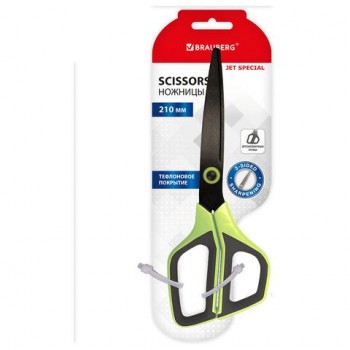 Ножницы BRAUBERG "JET Special", салатовые, 210 мм, 3-х сторонняя заточка, тефлоновое покрытие, 238852