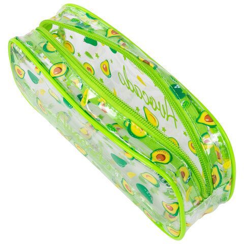 Пенал-косметичка BRAUBERG LUCENT на молнии, прозрачный, &quot;Avocado&quot;, 21х5х9 см, 270054