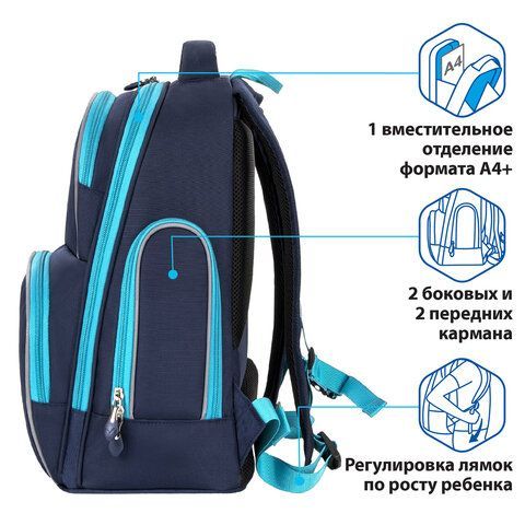 Рюкзак BRAUBERG CLASSIC, легкий каркас, премиум материал, Speed, синий, 37х32х21 см, 270088