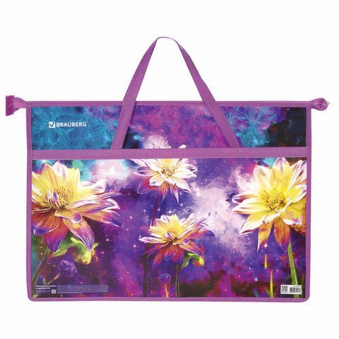 Папка для рисунков и чертежей с ручками BRAUBERG А3, пластик, молния сверху, &quot;Flowers&quot;, 270146