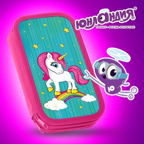 Пенал ЮНЛАНДИЯ, 2 отделения, ламинированный картон, 19х11 см, &quot;Neon unicorn&quot;, 270172