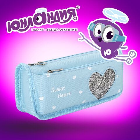 Пенал-косметичка ЮНЛАНДИЯ, 2 отделения, полиэстер, &quot;Heart&quot;, мятный, 21х6х9 см, 270257