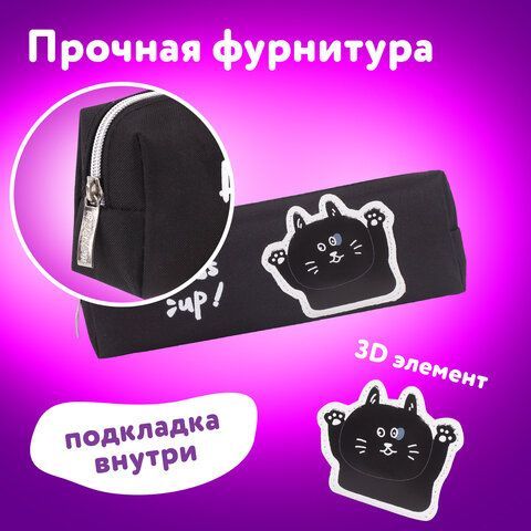 Пенал ЮНЛАНДИЯ, 1 отделение, полиэстер, &quot;Cat&quot;, черный, 19х4х6 см, 270279