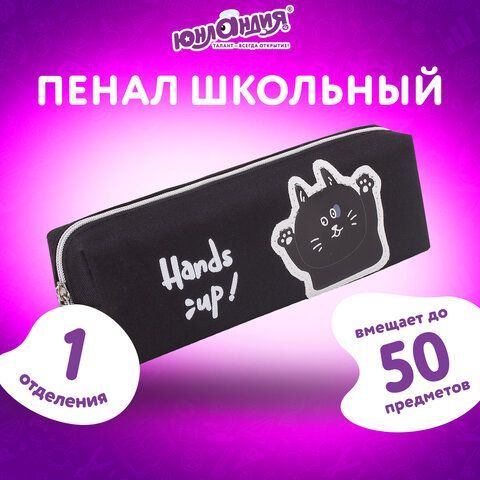 Пенал ЮНЛАНДИЯ, 1 отделение, полиэстер, &quot;Cat&quot;, черный, 19х4х6 см, 270279