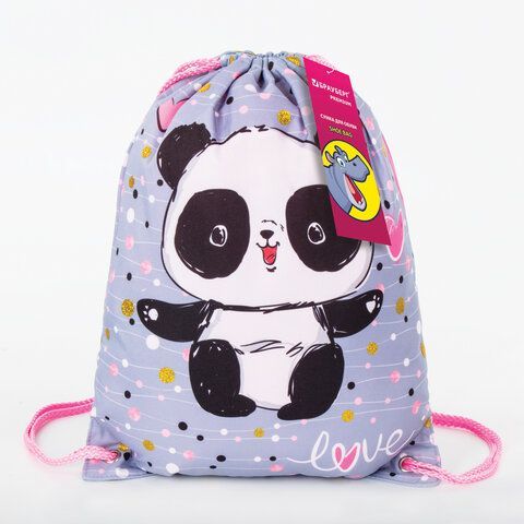 Мешок для обуви BRAUBERG PREMIUM, карман, подкладка, 43х33 см, Funny panda, 270281