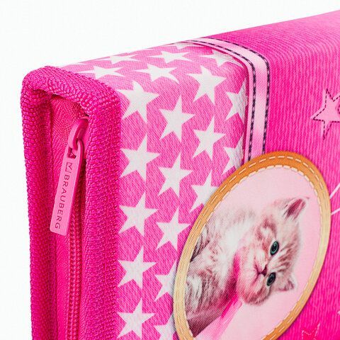 Пенал BRAUBERG, 1 отделение, 1 откидная планка, полиэстер, 21х14 см, &quot;Happy kitten&quot;, 270308