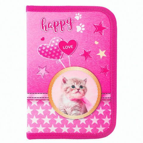 Пенал BRAUBERG, 1 отделение, 1 откидная планка, полиэстер, 21х14 см, &quot;Happy kitten&quot;, 270308