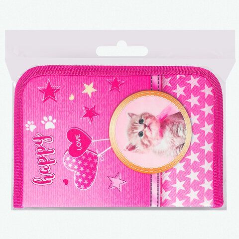 Пенал BRAUBERG, 1 отделение, 1 откидная планка, полиэстер, 21х14 см, &quot;Happy kitten&quot;, 270308
