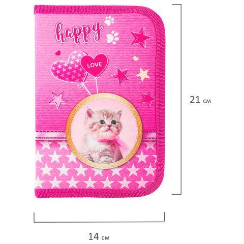 Пенал BRAUBERG, 1 отделение, 1 откидная планка, полиэстер, 21х14 см, &quot;Happy kitten&quot;, 270308