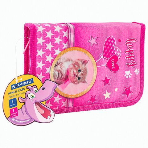 Пенал BRAUBERG, 1 отделение, 1 откидная планка, полиэстер, 21х14 см, &quot;Happy kitten&quot;, 270308