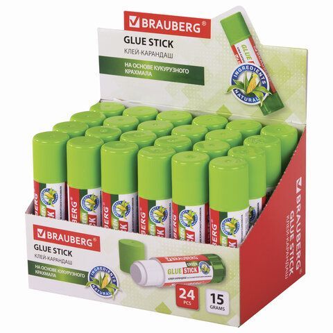 Клей-карандаш на натуральной основе BRAUBERG 3 шт. GREEN, 15 г, 270437