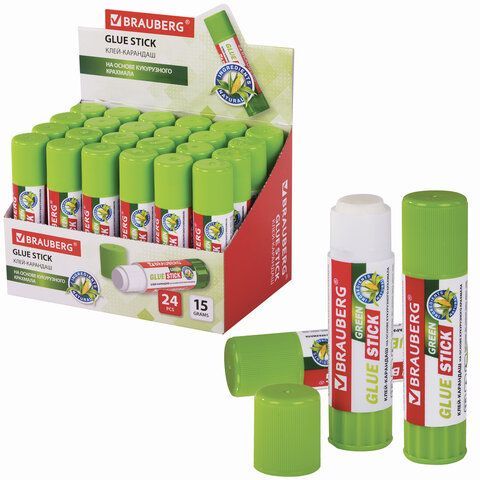 Клей-карандаш на натуральной основе BRAUBERG 3 шт. GREEN, 15 г, 270437
