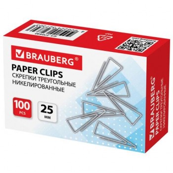 Скрепки BRAUBERG 5 шт., 25 мм, никелированные, треугольные, 100 шт., в картонной коробке, 270440