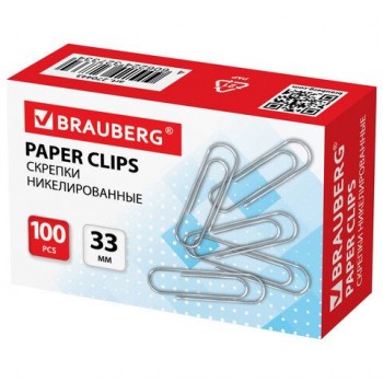 Скрепки BRAUBERG 5 шт., 33 мм, никелированные, 100 шт., в картонной коробке, 270443