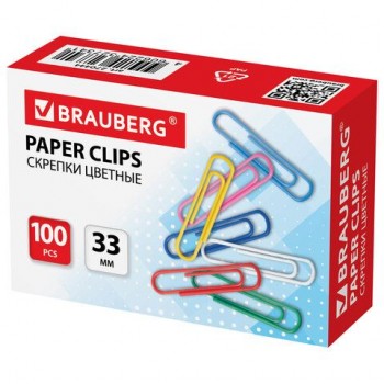 Скрепки BRAUBERG 5 шт., 33 мм, цветные, 100 шт., в картонной коробке, 270444