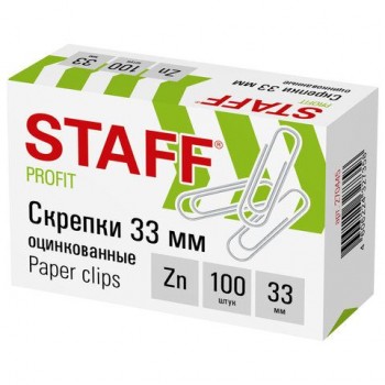 Скрепки STAFF 5 шт., 33 мм, оцинкованные, 100 шт., в картонной коробке, 270445