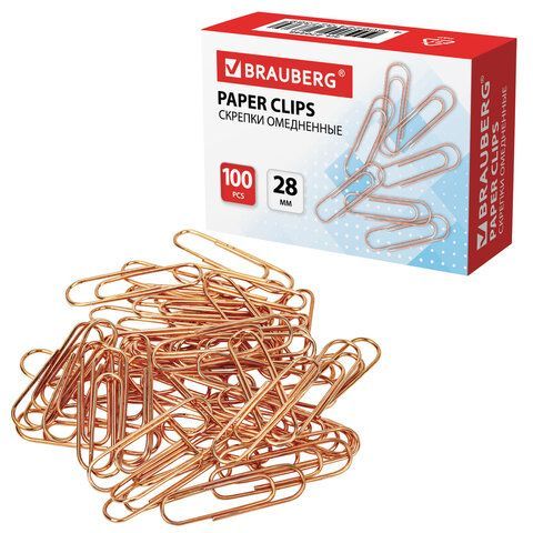 Скрепки BRAUBERG 5 шт., 28 мм, омедненные, 100 шт., в картонной коробке, 270448