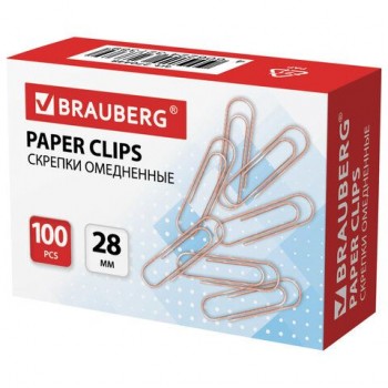 Скрепки BRAUBERG 5 шт., 28 мм, омедненные, 100 шт., в картонной коробке, 270448