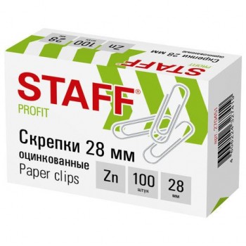 Скрепки STAFF 10 шт., 28 мм, оцинкованные, 100 шт., в картонной коробке, 270451