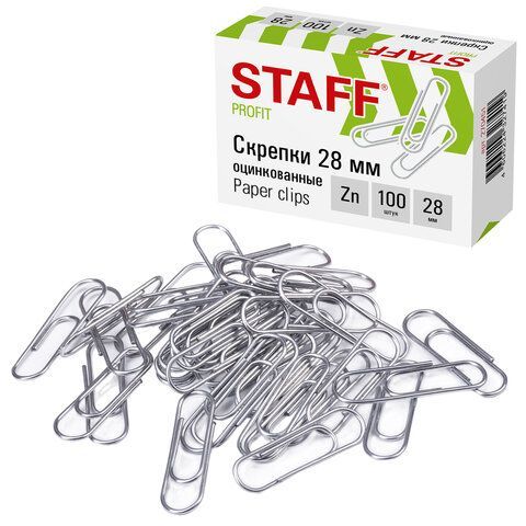 Скрепки STAFF 10 шт., 28 мм, оцинкованные, 100 шт., в картонной коробке, 270451