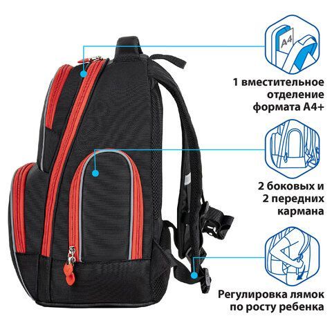 Рюкзак BRAUBERG CLASSIC, легкий каркас, премиум материал, &quot;Motorbike&quot;, черный, 37x32х21 см, 270583