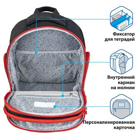 Рюкзак BRAUBERG CLASSIC, легкий каркас, премиум материал, &quot;Motorbike&quot;, черный, 37x32х21 см, 270583