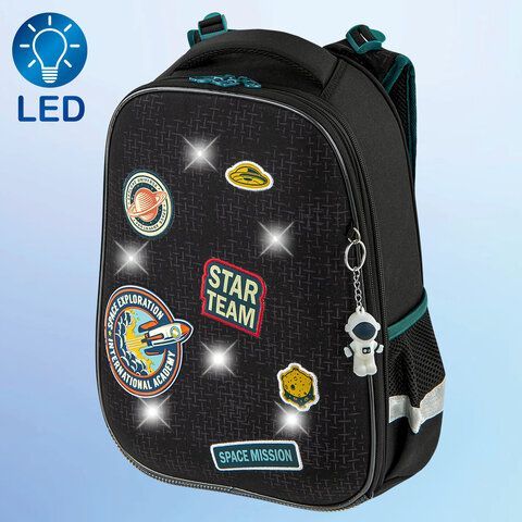 Ранец BRAUBERG PREMIUM, 2 отделения, с брелком, &quot;Space mission&quot;, LED ЛАМПОЧКИ, 38х29х16 см, 270599