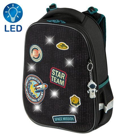 Ранец BRAUBERG PREMIUM, 2 отделения, с брелком, &quot;Space mission&quot;, LED ЛАМПОЧКИ, 38х29х16 см, 270599