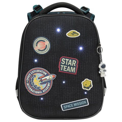Ранец BRAUBERG PREMIUM, 2 отделения, с брелком, &quot;Space mission&quot;, LED ЛАМПОЧКИ, 38х29х16 см, 270599
