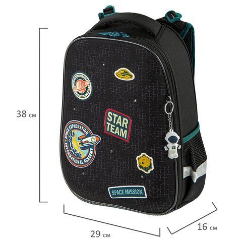 Ранец BRAUBERG PREMIUM, 2 отделения, с брелком, &quot;Space mission&quot;, LED ЛАМПОЧКИ, 38х29х16 см, 270599