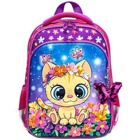 Ранец BRAUBERG QUADRO, 3 отделения, с брелком, &quot;Charming kitten&quot;, 37х28х18 см, 270602