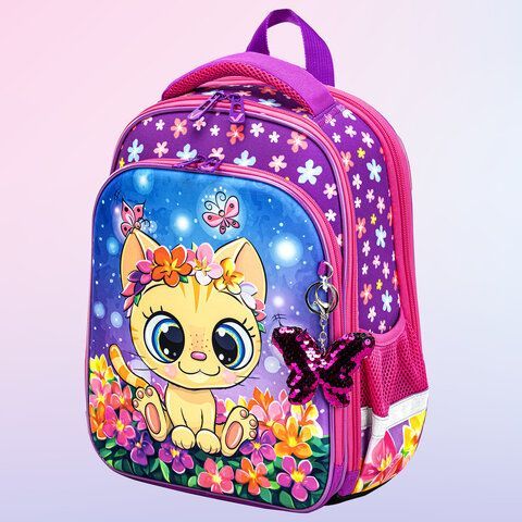 Ранец BRAUBERG QUADRO, 3 отделения, с брелком, &quot;Charming kitten&quot;, 37х28х18 см, 270602