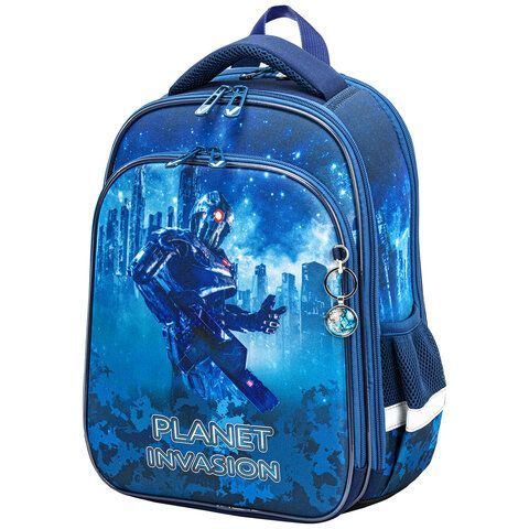Ранец BRAUBERG QUADRO, 3 отделения, с брелком, &quot;Planet invasion&quot;, 37х28х18 см, 270604