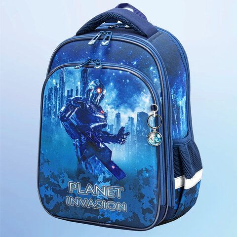 Ранец BRAUBERG QUADRO, 3 отделения, с брелком, &quot;Planet invasion&quot;, 37х28х18 см, 270604