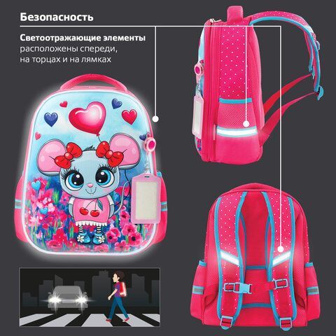 Ранец ЮНЛАНДИЯ LIGHT, 2 отделения, &quot;Pretty mouse&quot;, 3D панель, 38х29х16 см, 270606