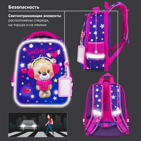 Ранец BRAUBERG FIT, 2 отделения, &quot;Smiling bear&quot;, 3D-панель, 38х27х14 см, 270614