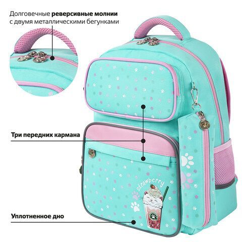 Рюкзак ЮНЛАНДИЯ COMPLETE с пеналом в комплекте, эрго-спинка, &quot;Yummy cat&quot;, 42х29х14 см, 270663