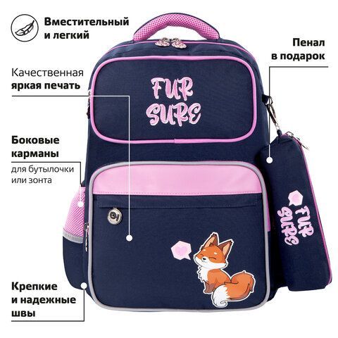 Рюкзак ЮНЛАНДИЯ COMPLETE с пеналом в комплекте, эрго-спинка, &quot;Nice fox&quot;, 42х29х14 см, 270664