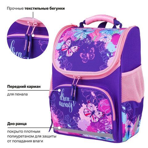 Ранец ПИФАГОР BASIC, 1 отделение, 3 кармана, эргономичная спинка, &quot;Butterflies&quot;, 35х28х18 см, 270683