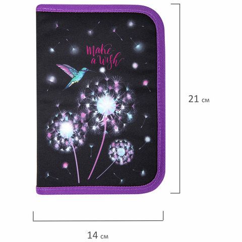 Пенал BRAUBERG, 1 отделение, 1 откидная планка, полиэстер, 21х14 см, &quot;Make a wish&quot;, 270713